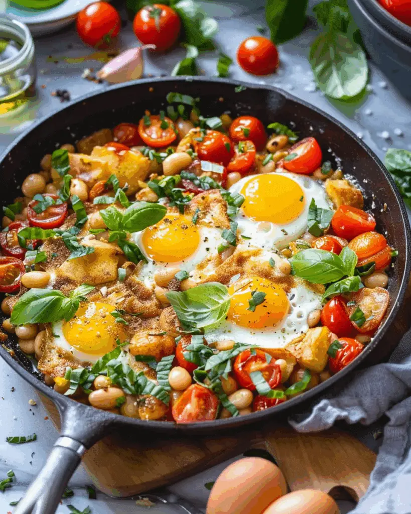 Burst Cherry Tomatoes & White Bean Egg Skillet