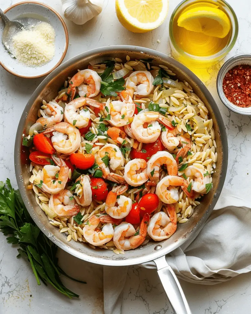 Skillet Shrimp with Orzo, Feta and Asparagus