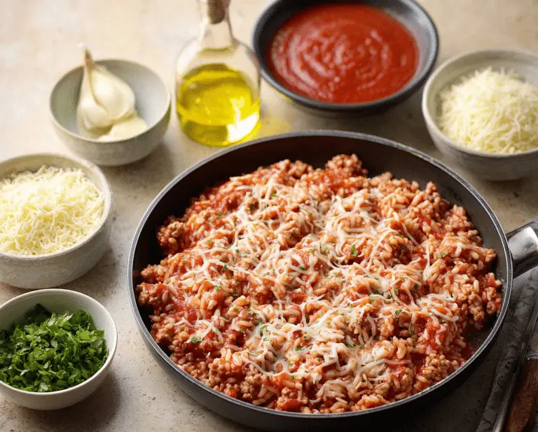 Cheesy Ground Turkey Rice Skillet with Marinara Sauce