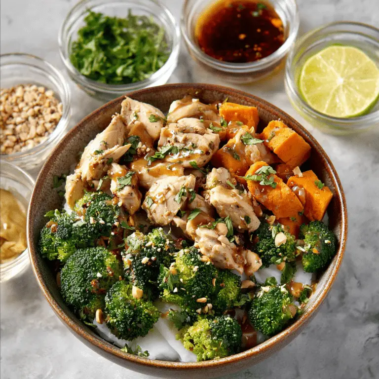 Peanut Chicken Sweet Potato and Broccoli Bowls