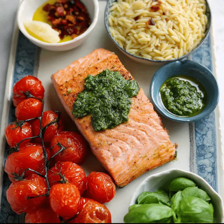 Pesto Salmon with Blistered Tomato Orzo