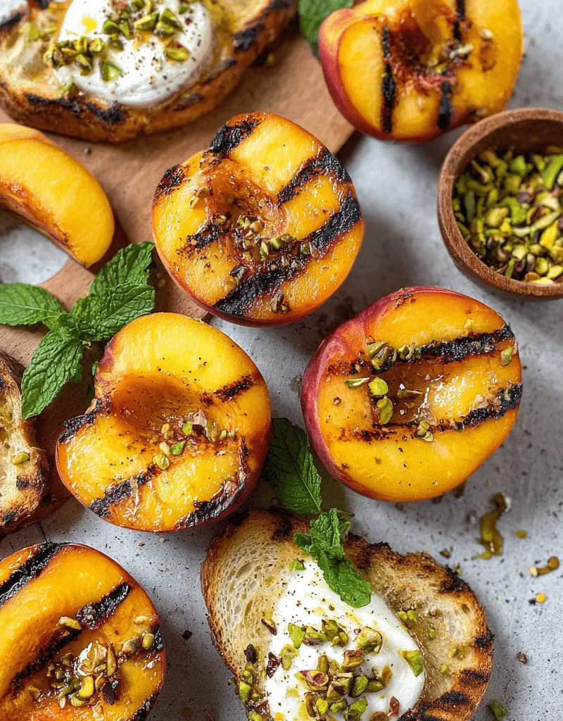 Grilled Peaches with Burrata, Honey, & Pistachios